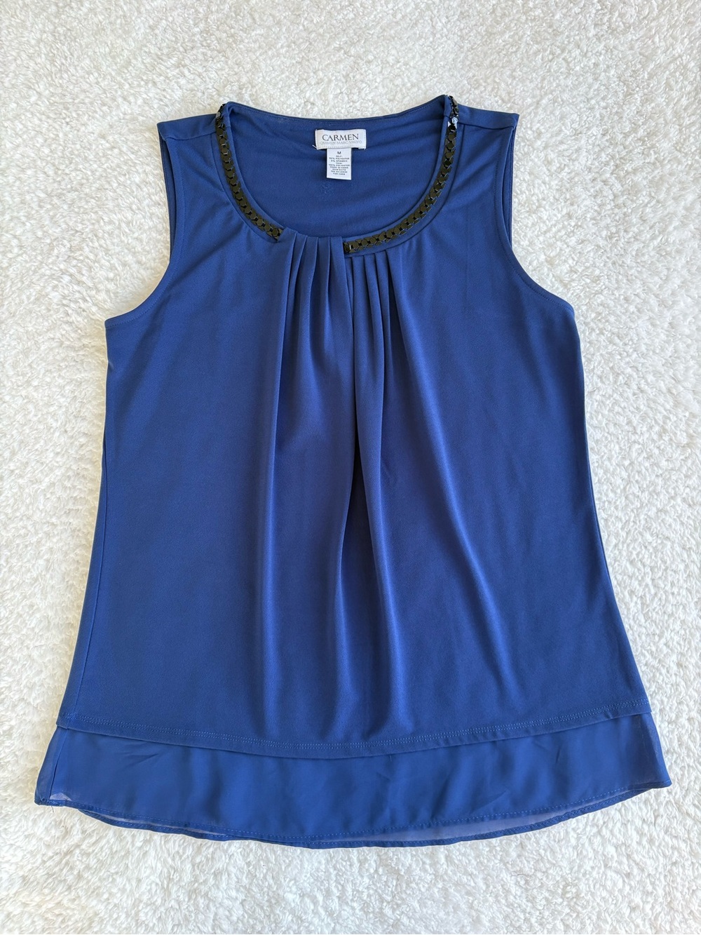 Carmen Marc Valvo Cloudburst Blue Embellished Pleated Neck Blouse - Size Medium